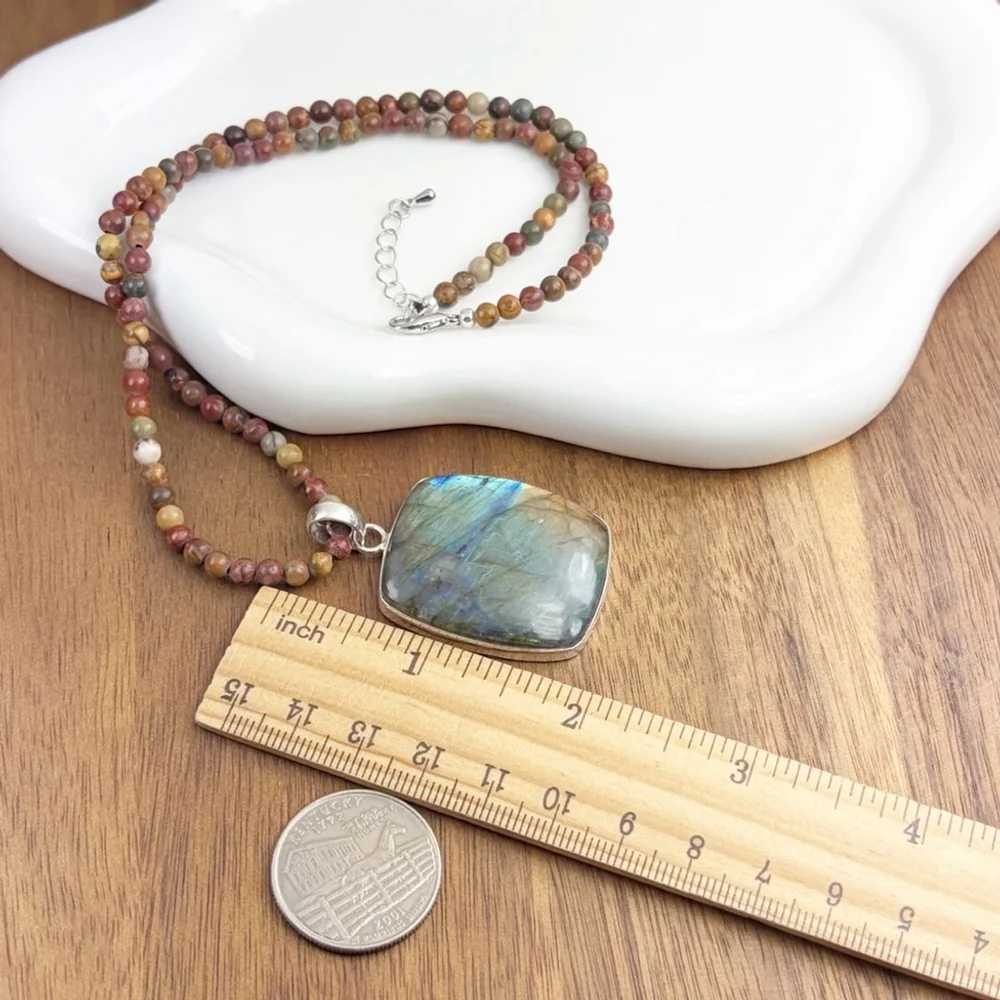 Southwest Pure Sterling Silver 925 Flash Labradorite Pendant Jasper Necklace